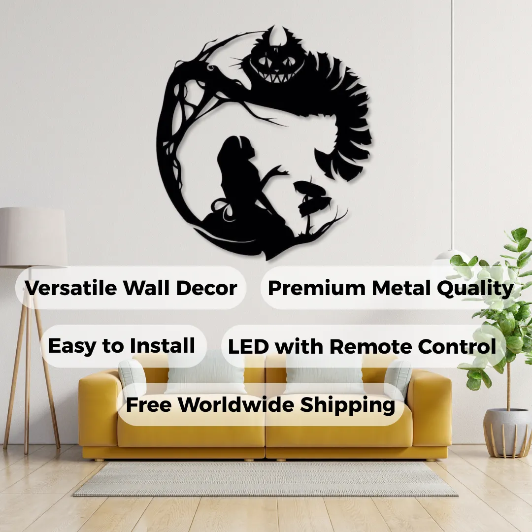 Wonderland Silhouettes Fantasy circular metal wall décor with girl and whimsical figure.