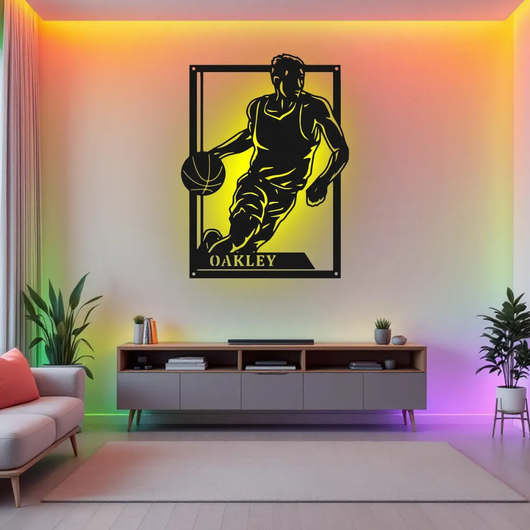 Yellow Basketball Player Dribbling Silhouette Personalized basketball wall sign for fans