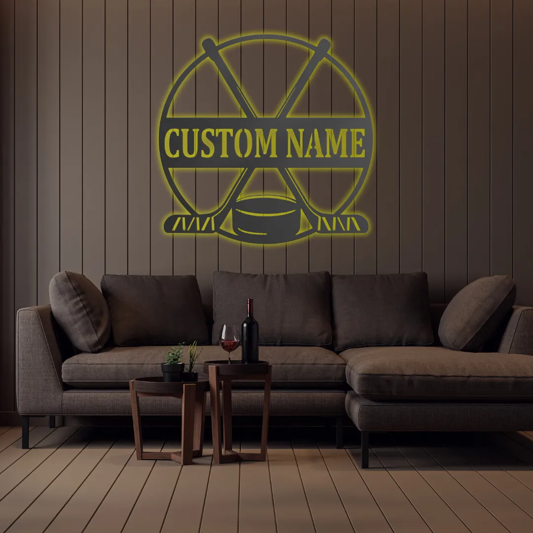 Yellow Crossed Sticks Personalized Silhouette Yellow Hockey-themed round metal wall art with personalized text