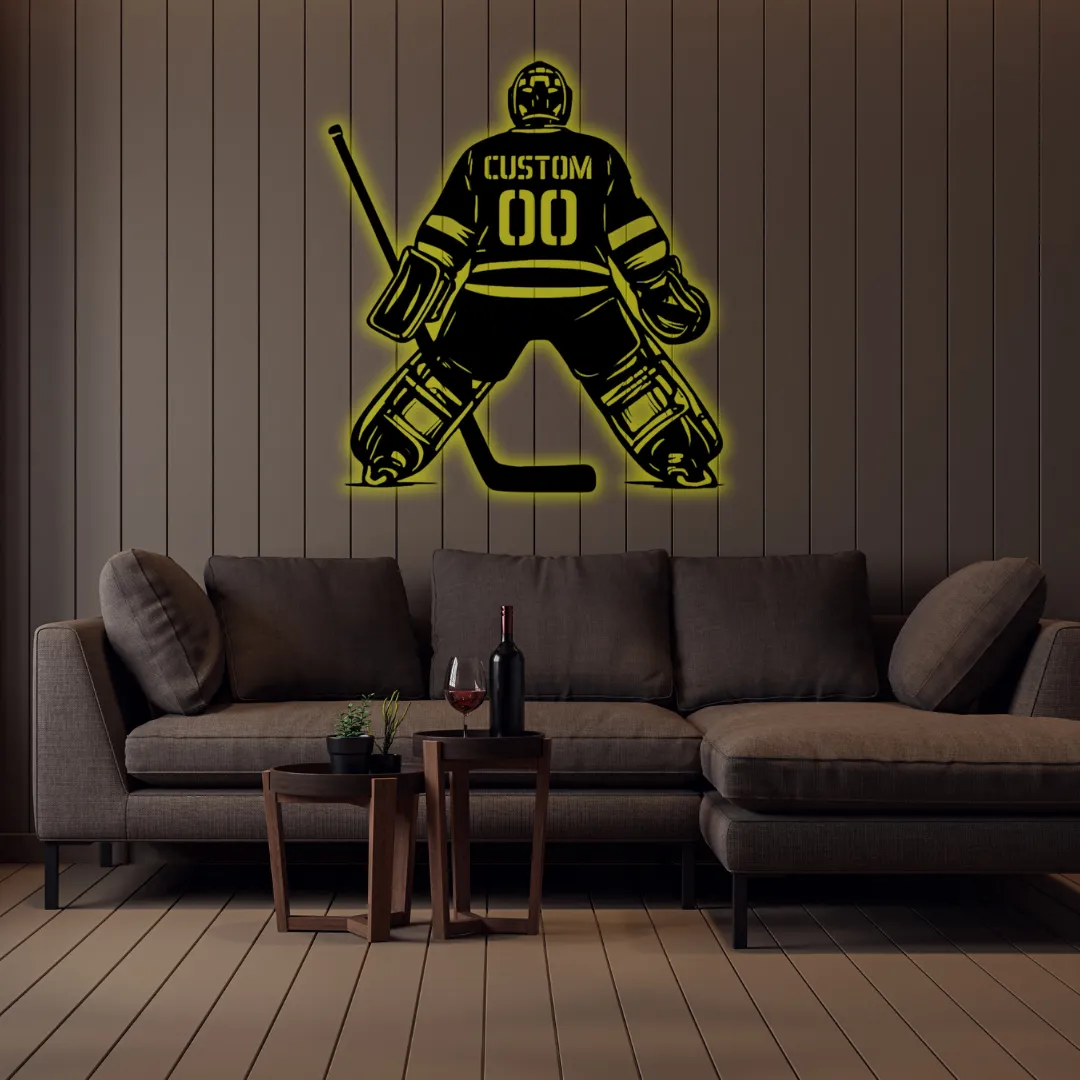 Yellow Hockey Goalie Silhouette Yellow Goalie inspired hockey metal wall art for sports rooms