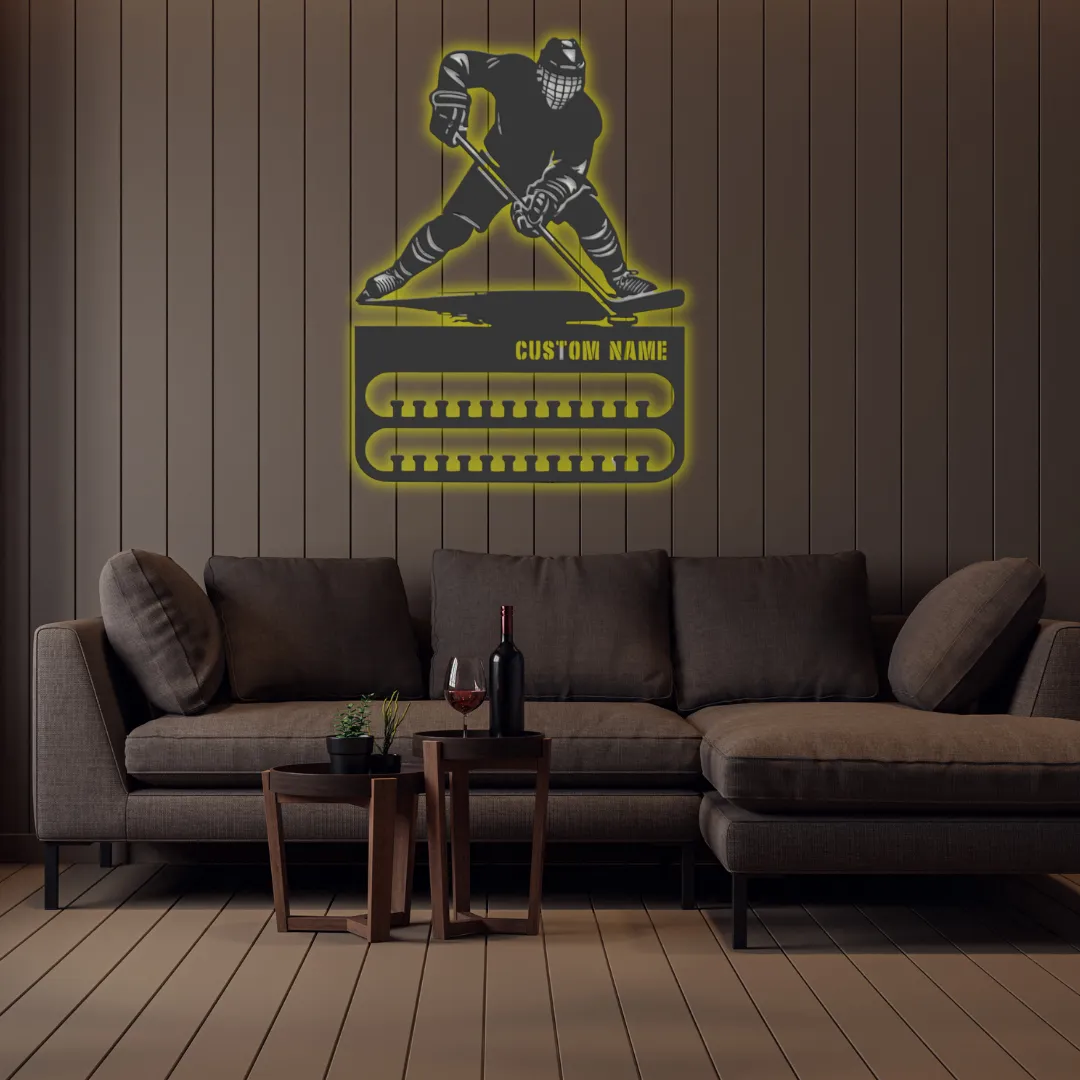 Yellow Hockey Medal Holder Personalized Silhouette Yellow Sports-inspired wall art medal holder in durable black metal