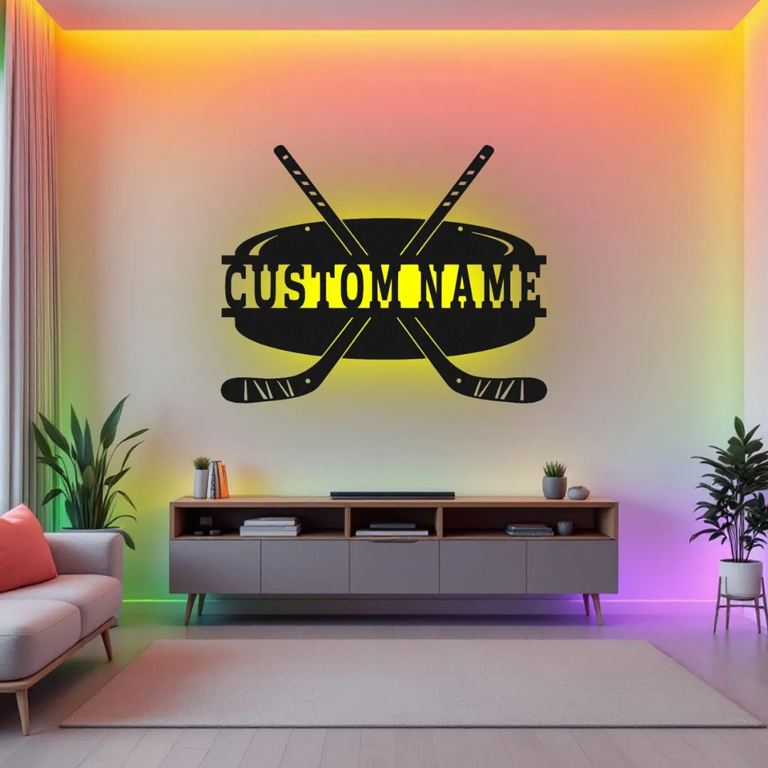 Yellow Hockey Puck Silhouette Laser cut hockey puck silhouette wall art LED and non-LED