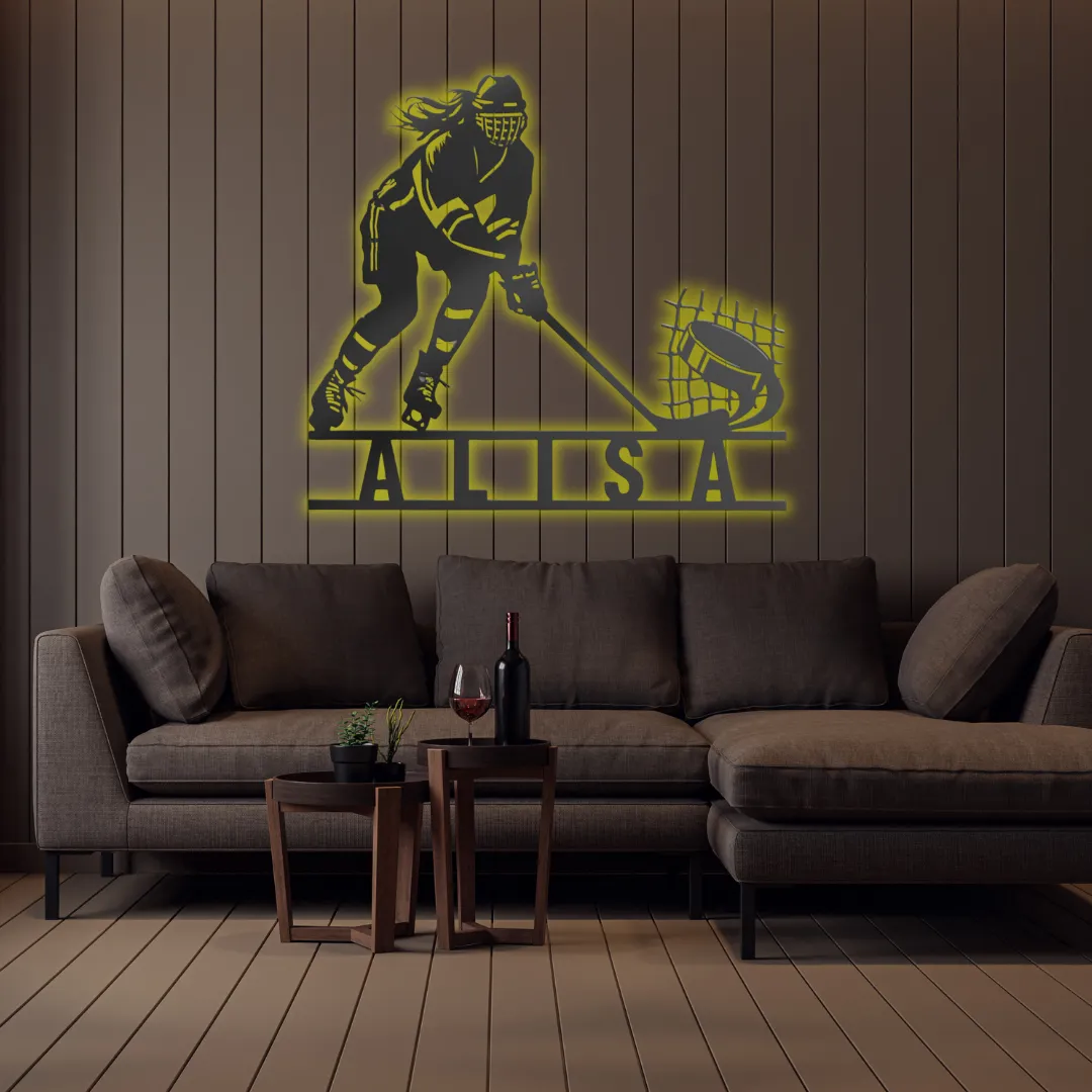 Yellow Hockey Spirit Personalized Silhouette Black metal hockey silhouette wall décor above sofa