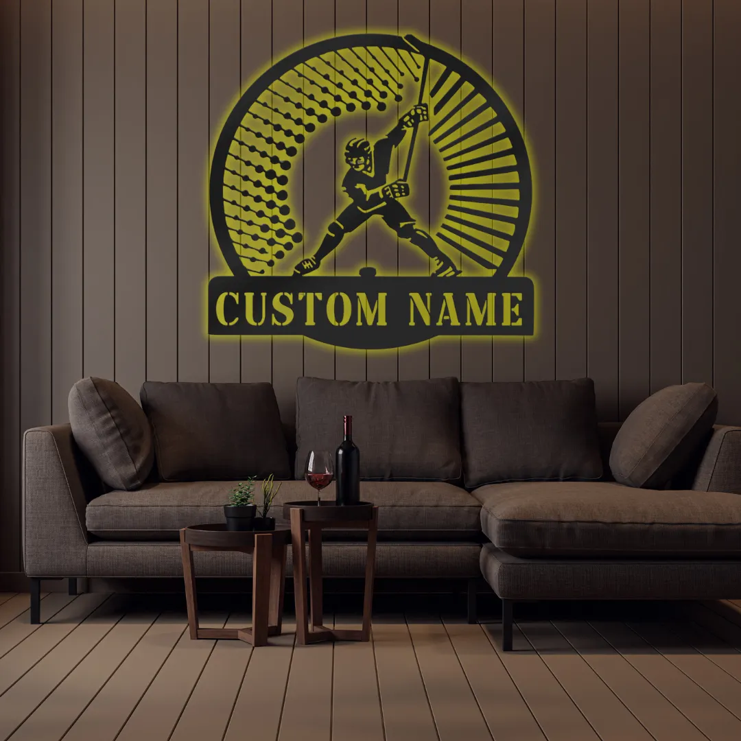 Yellow Power Shot Personalized Silhouette Yellow Custom hockey swing wall art design in black metal