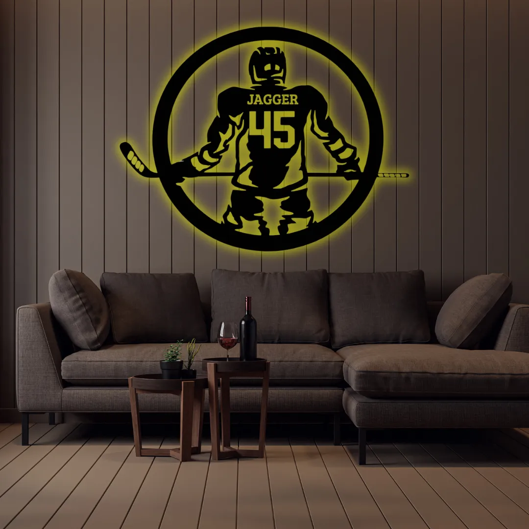 Yellow Round Hockey Jersey Silhouette Yellow Custom hockey wall hanging with name and number inside round frame