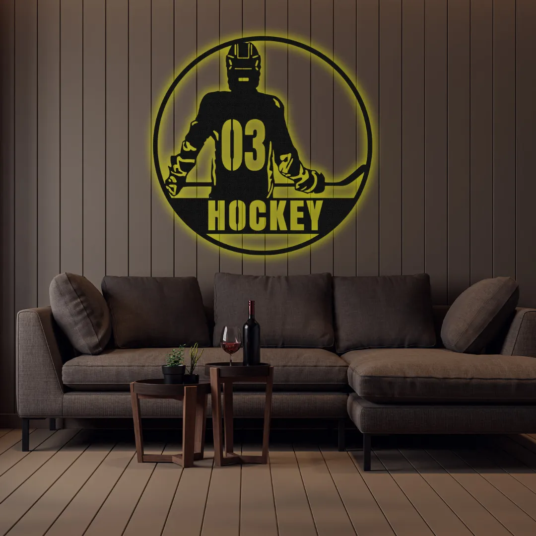 Yellow Round Hockey Silhouette Yellow Custom round hockey wall hanging LED and non-LED