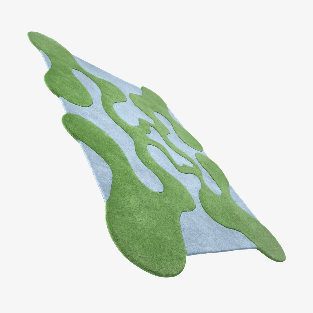 Aqua Verge Irregular Rug Contemporary Aqua Verge Rug with fluid green patterns on soft blue background – hand-tufted wool rug