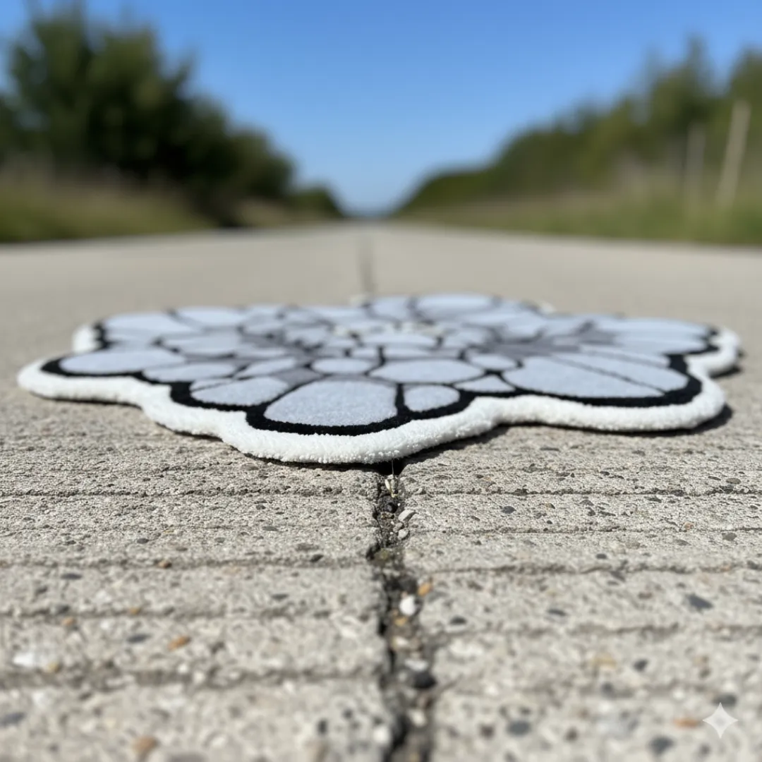Bloom Rug Handmade Lunar Bloom Rug showcasing modern floral art with subtle gray and white hues