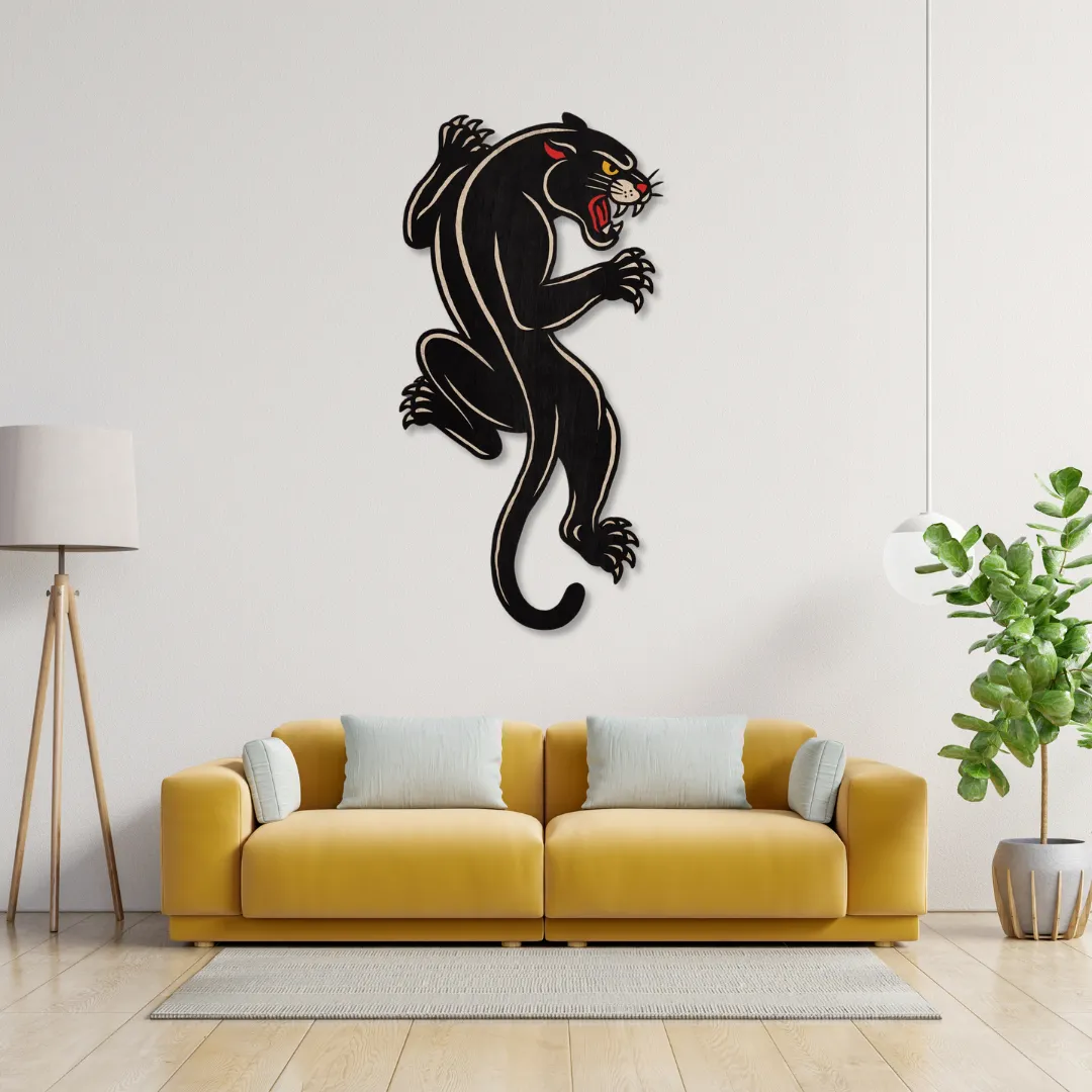 Crawling Panther Wall Art Crawling Panther Wall Art above mustard sofa – handcrafted metal wall decor by Sneagear for bold modern interiors.