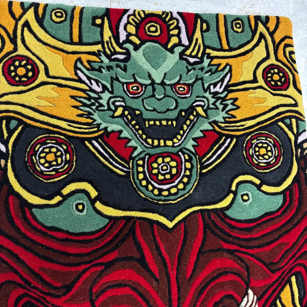 Drakona Inferno Tattoo Rug Hand-tufted Drakona Inferno Rug showcasing bold Japanese-style dragon face with fiery aesthetic