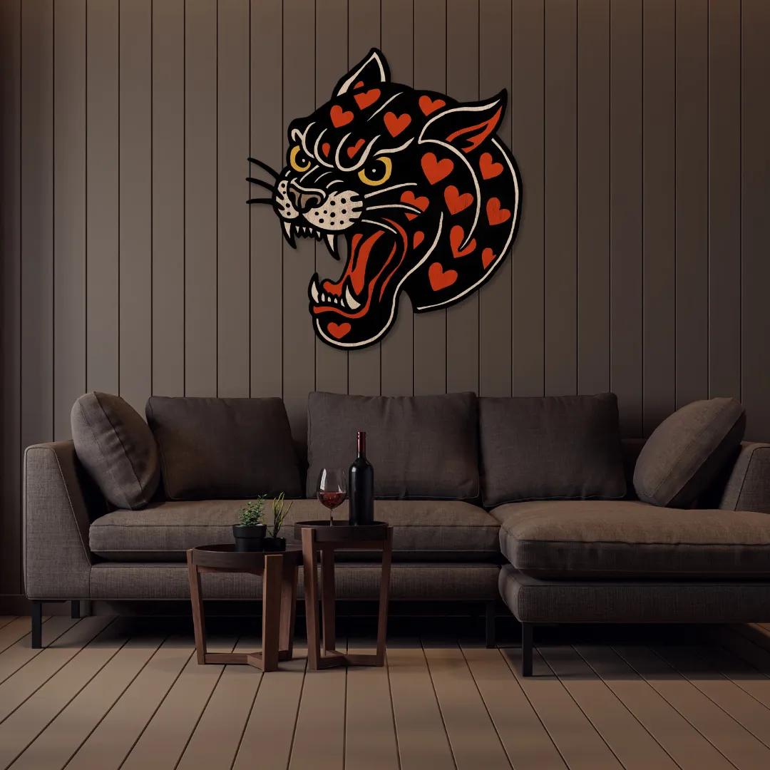 Heart Panther Art Decorative black panther wall art with heart motifs – handcrafted statement metal artwork for stylish living rooms.