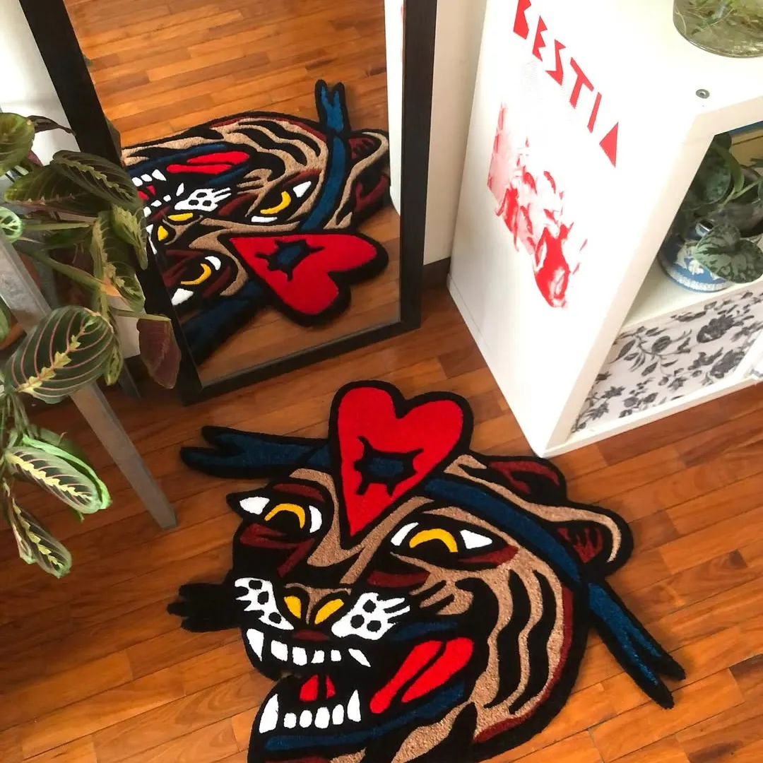 Heartbreak Beast Tattoo Rug Hand-tufted tiger face rug with heart symbol and abstract detailing – Heartbreak Beast by Sneagear
