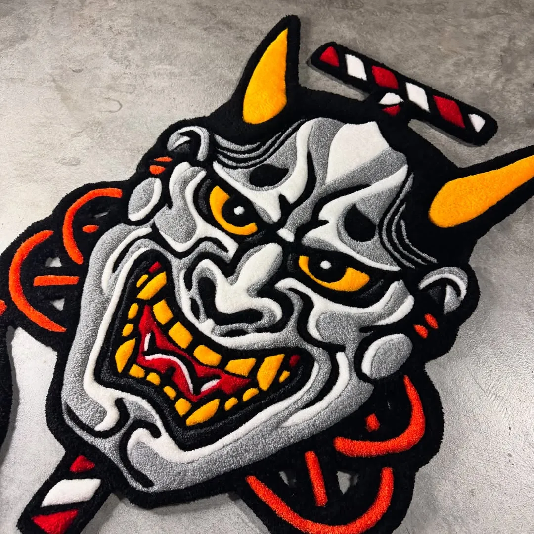 Inferno Tattoo Rug Striking horned demon mask rug in grey, yellow, and red tones – Inferno Oni design