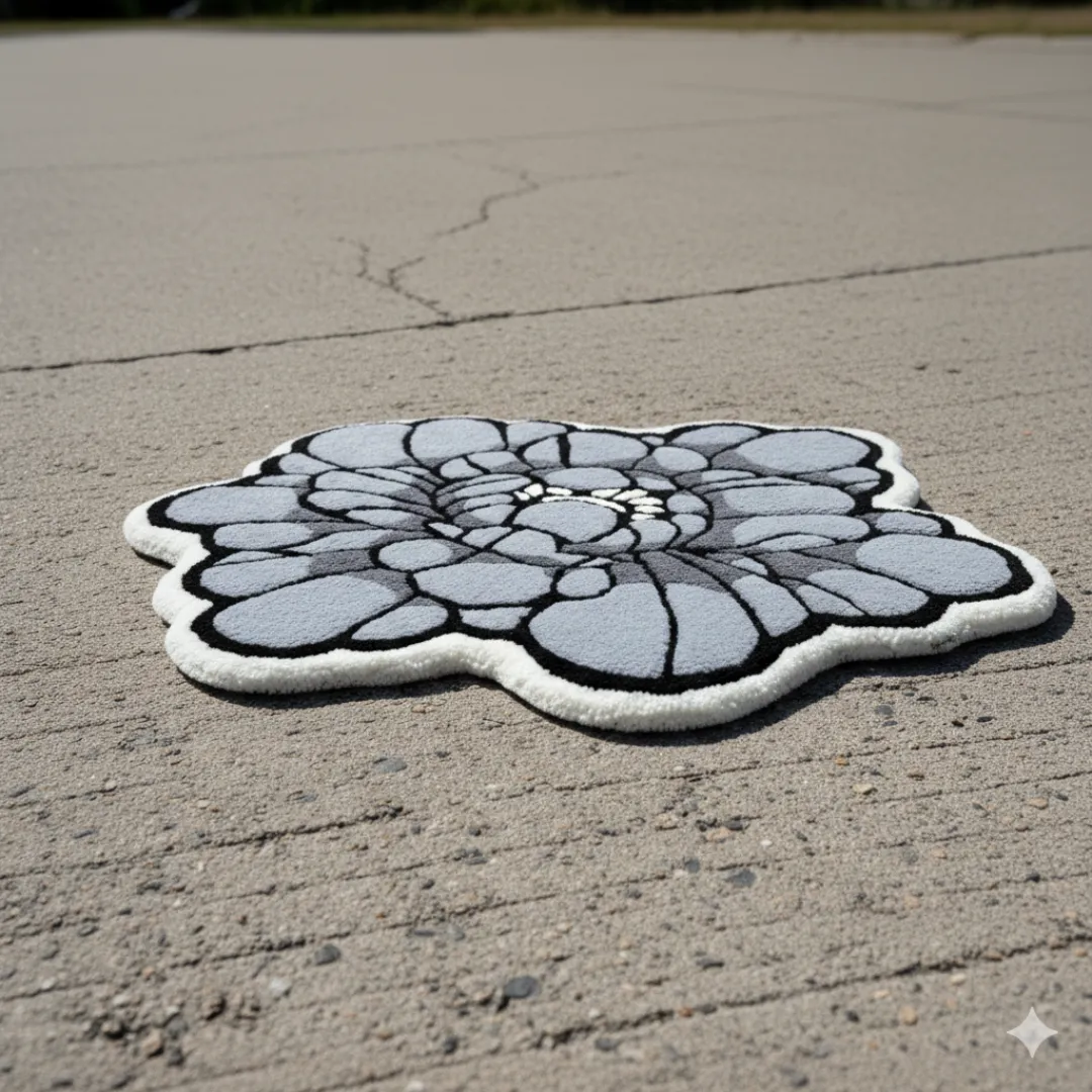 Lunar Bloom Inked Rug Elegant Lunar Bloom Rug with abstract flower design in monochrome gray tones – hand-tufted wool rug