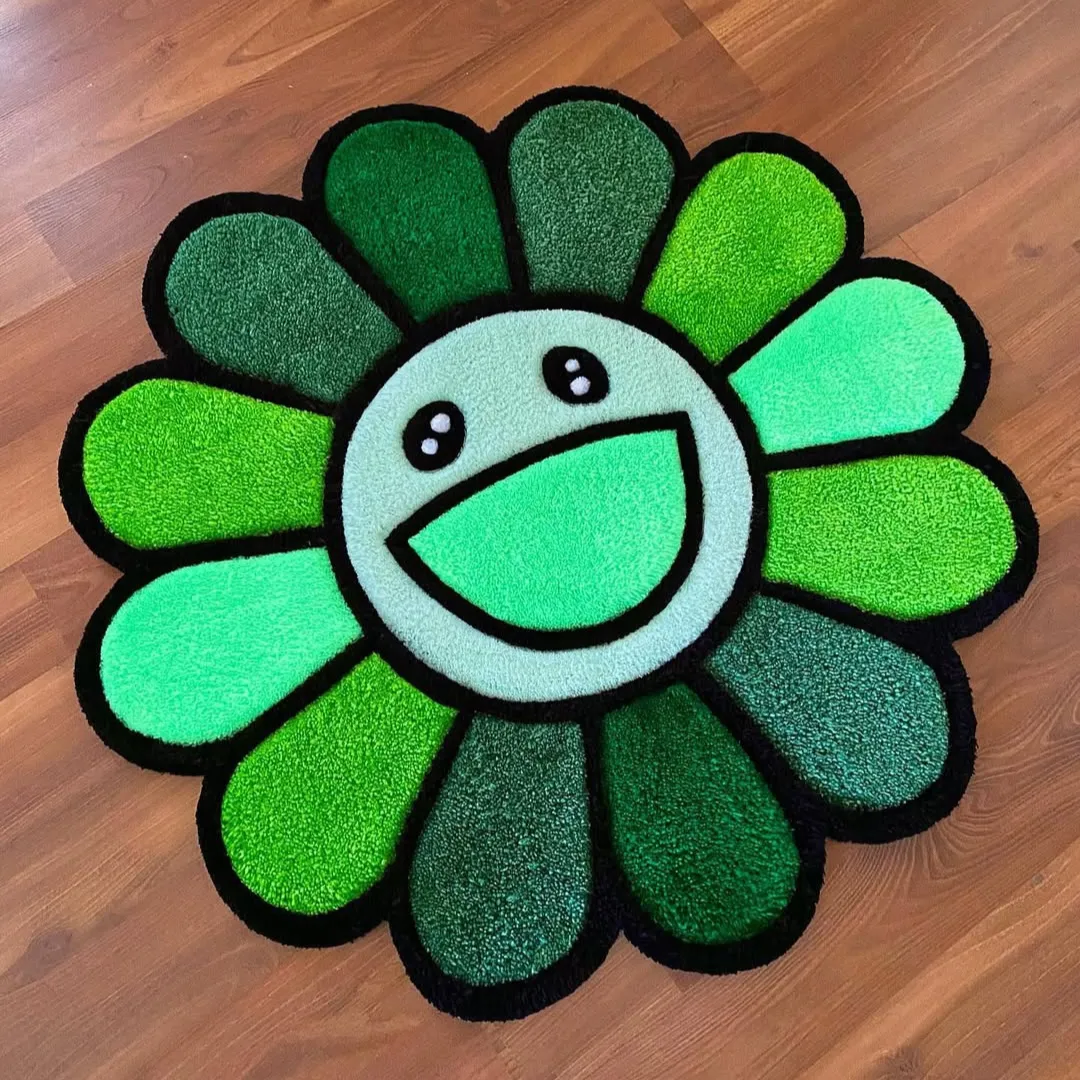 Minty Muse Rug Minty Muse Rug – Hand-tufted wool rug with gradient green petals and a cheerful smiling face, crafted to brighten any room.