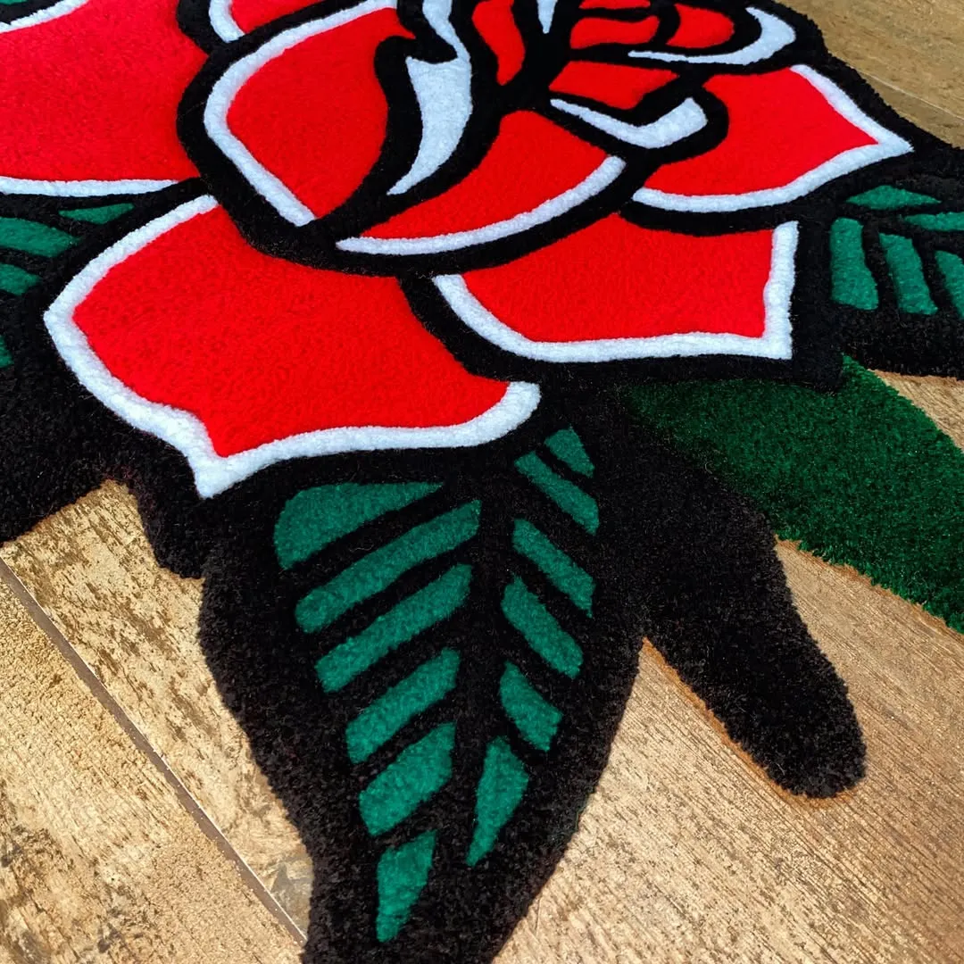 Nocturne Bloom Rug Vibrant Nocturne Bloom Rug with traditional tattoo-style rose pattern in red, white, and green tones