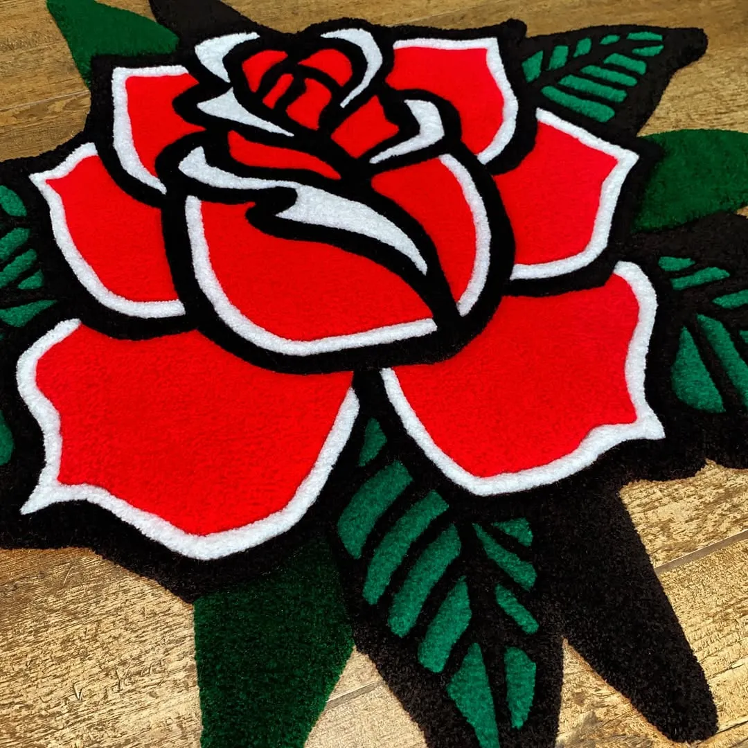 Nocturne Tattoo Rug Tattoo-inspired floral rug with red rose and green leaf design – Nocturne Bloom handmade wool rug