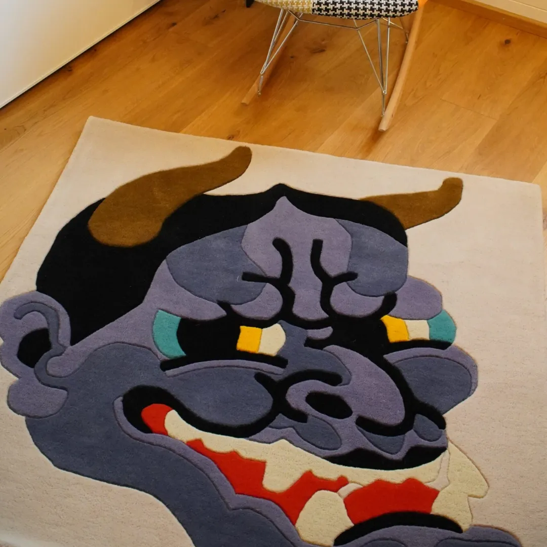 Onyra Rug Placed Onyra Rug – Artistic Mythic Mask Design with Deep Violet and Crimson Details