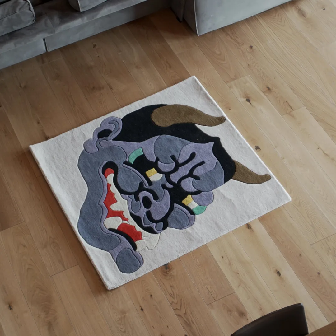 Onyra Tattoo Rug Onyra Rug Featuring Japanese Mask-Inspired Design in Black, Red, and Violet