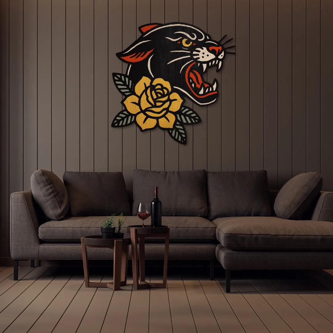 Panther Flower Wall Art Sneagear Panther Yellow Flower metal wall art adding a striking artistic touch to modern living spaces.