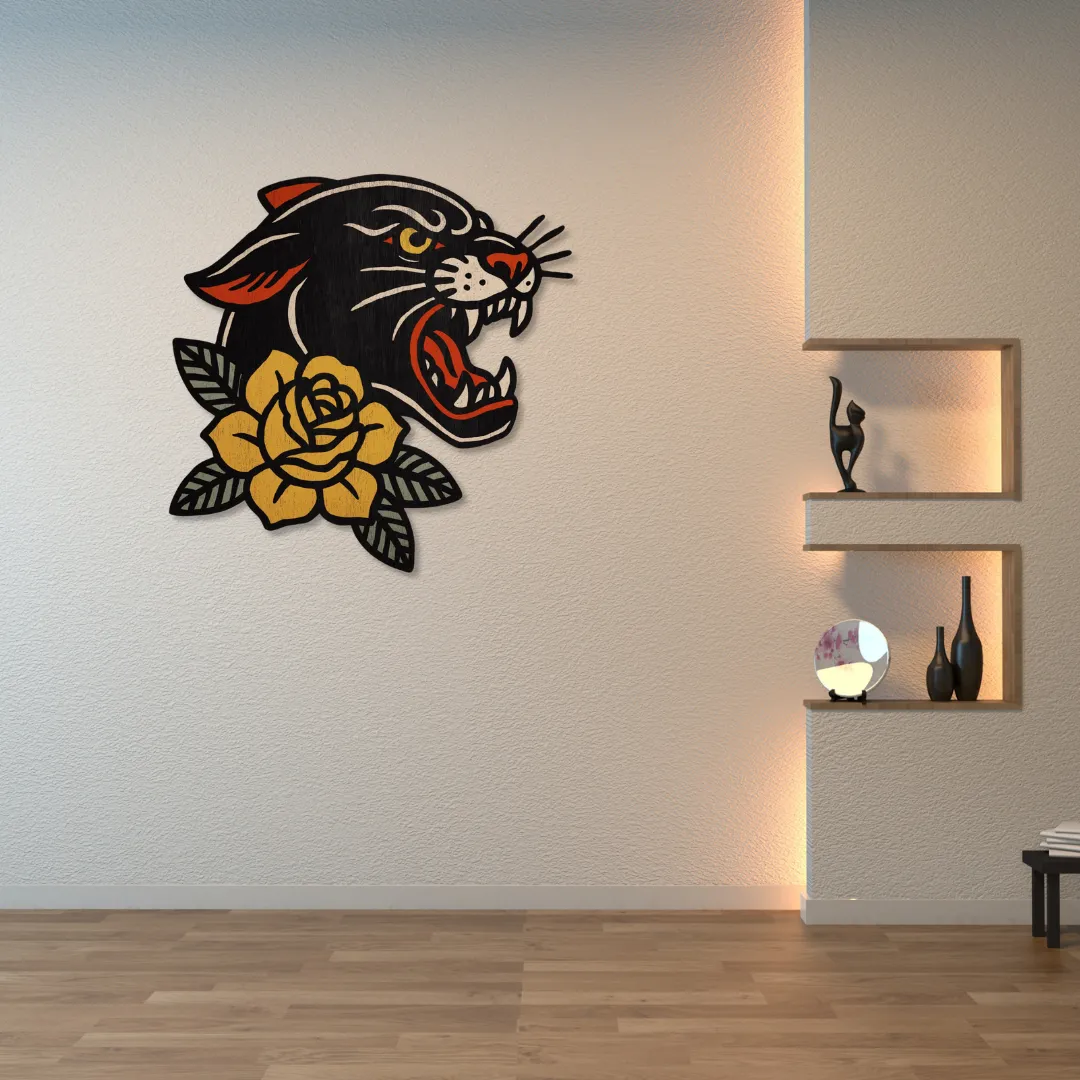 Panther Wall Art Bold panther head wall art with floral accent – handcrafted metal art piece enhancing minimalist home design.