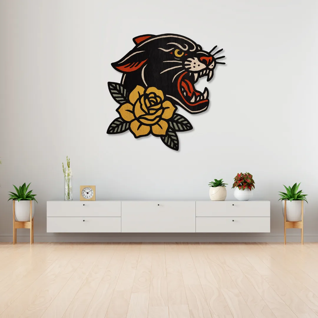 Panther Wall Art Roaring black panther and yellow rose metal wall decor for modern living room interiors by Sneagear.