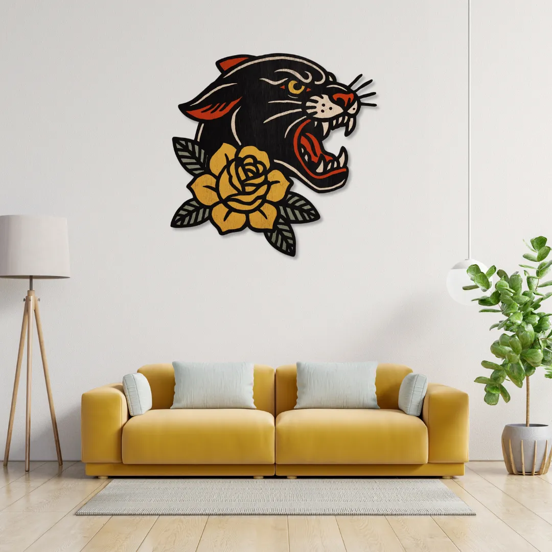 Panther Yellow Flower Wall Art Panther Yellow Flower Wall Art displayed above mustard sofa – fierce handcrafted metal artwork by Sneagear.