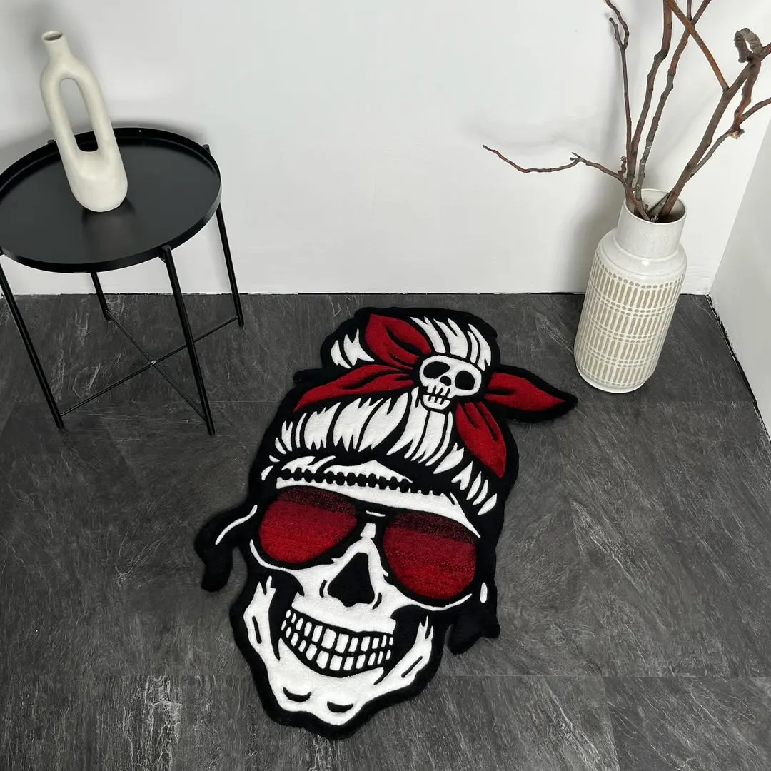 Red Riot Rug Red Riot Rug featuring skull face with red bandana and sunglasses design – handmade tufted rug