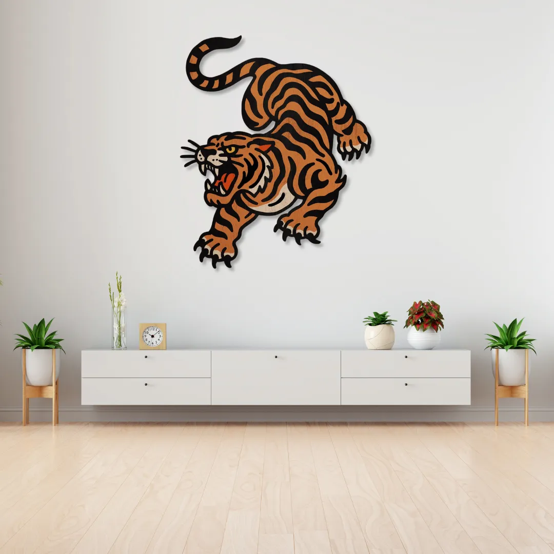 Roaring Tiger Metal Wall Art Fierce tiger metal wall art design with detailed stripes – statement handmade wall decor by Sneagear.