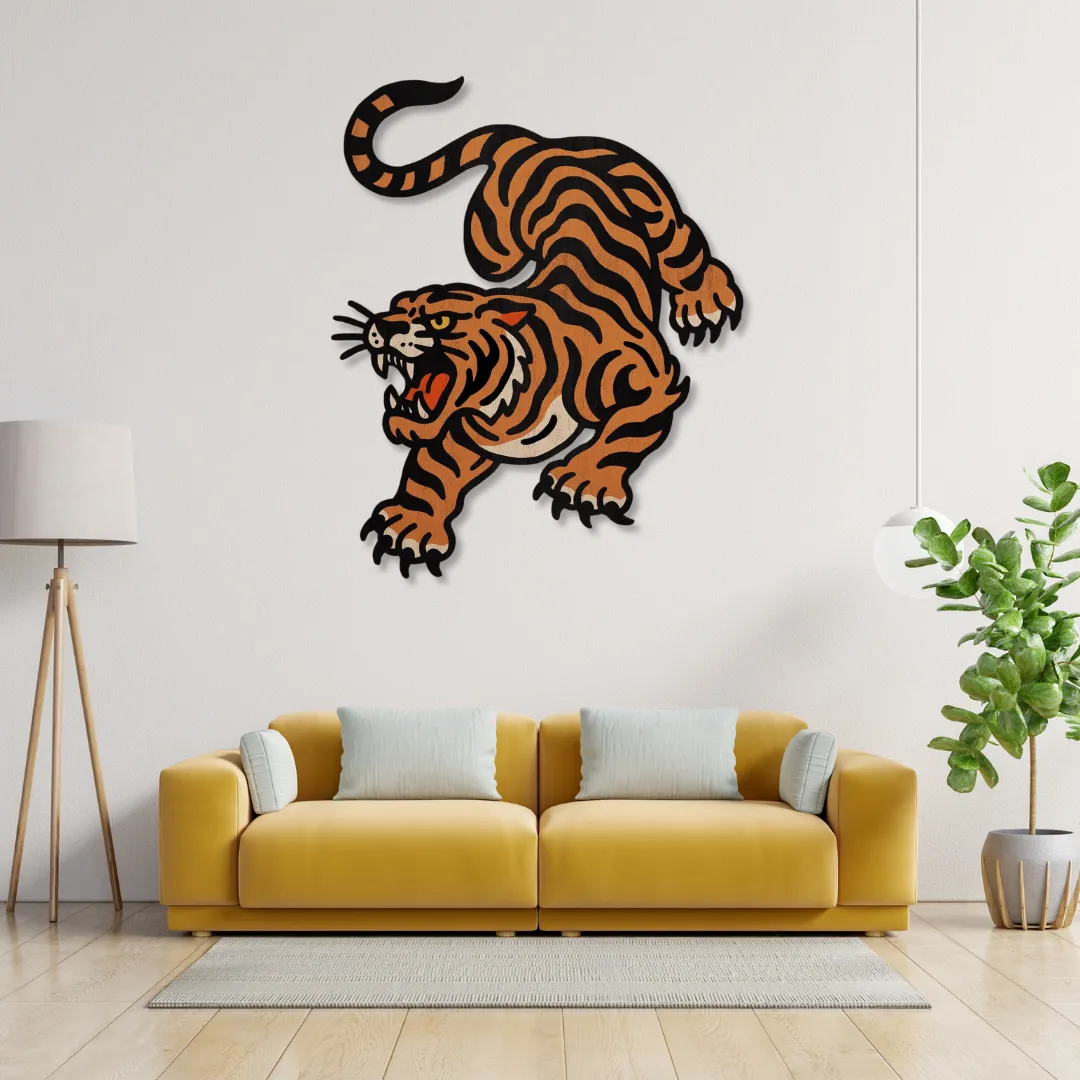 Roaring Tiger Wall Art Roaring Tiger Wall Art above mustard sofa – bold handcrafted metal wall décor by Sneagear for modern homes.