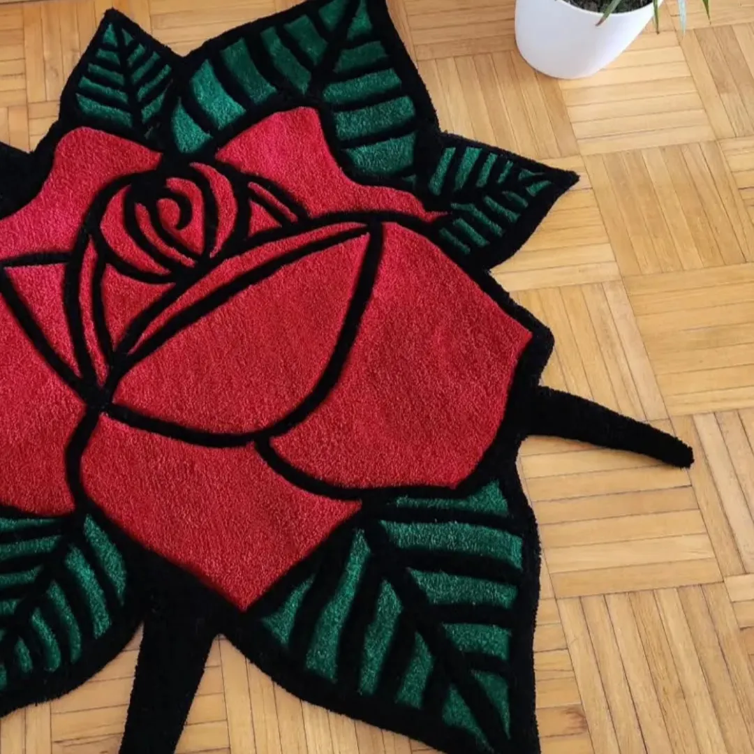 Scarlet Thorn Inked Rug Vibrant Scarlet Thorn Rug with large red flower and green leaf detailing – tattoo-inspired art rug