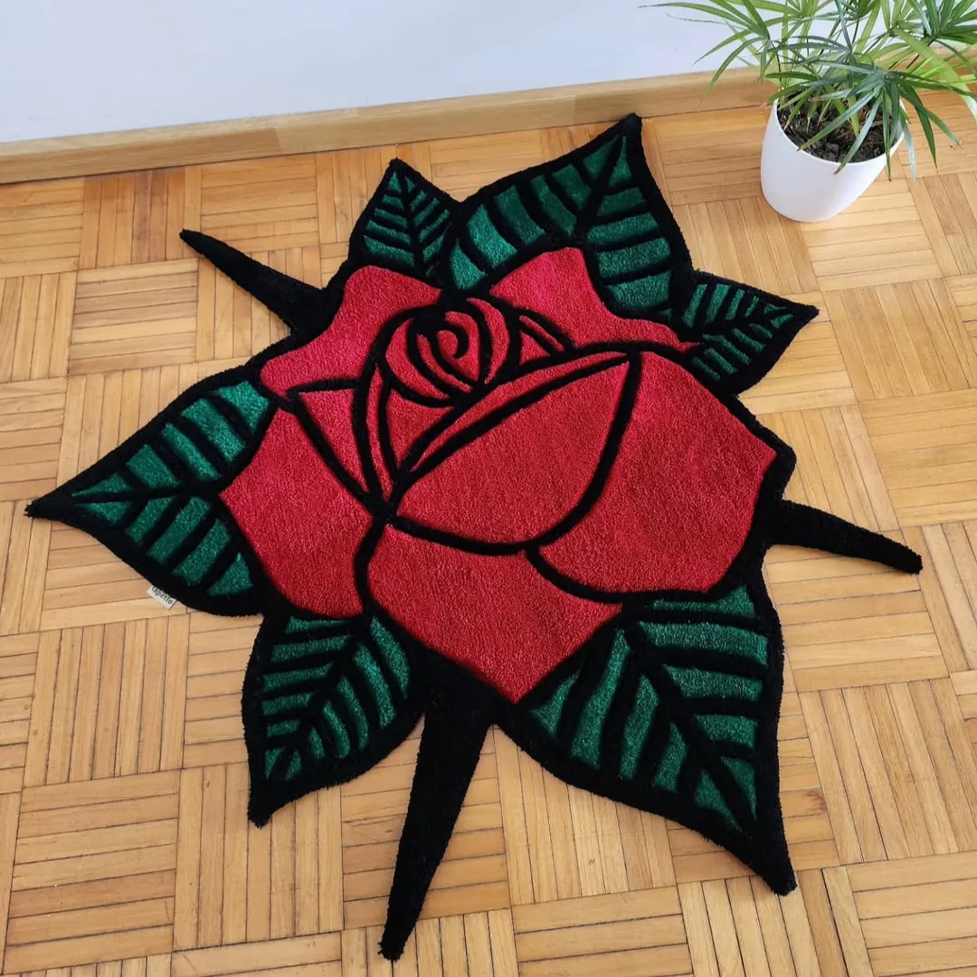 Scarlet Thorn Rug Scarlet Thorn Rug featuring bold red rose design with dark green leaves – handmade tufted rug by Sneagear