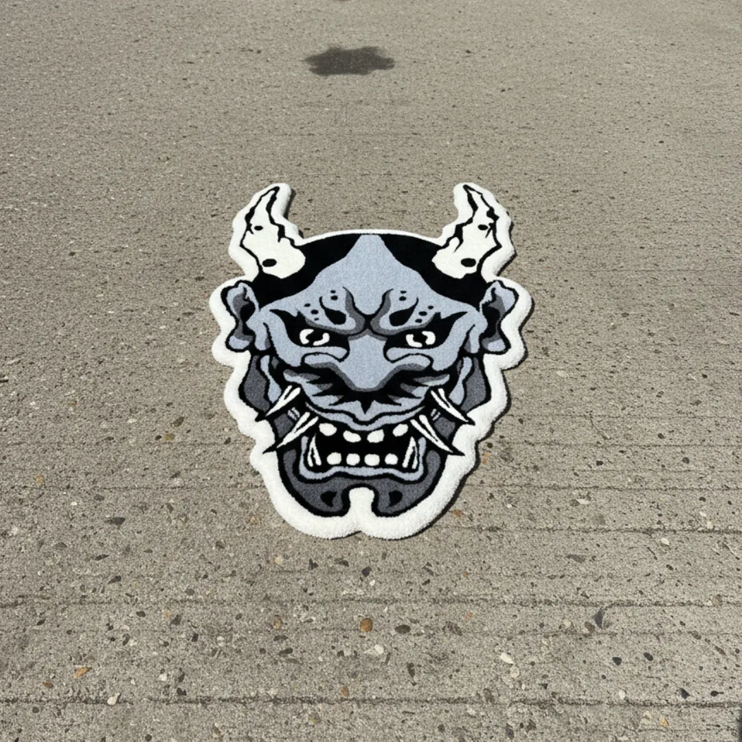 Shadow Fang Inked Rug Hand-tufted Shadow Fang Rug inspired by Japanese Oni mask design in monochrome tones