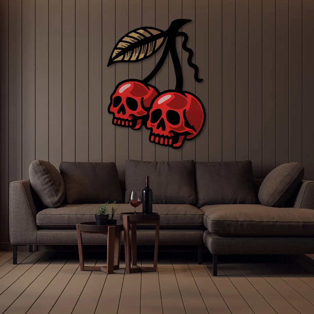 Skull Cherries Art Sneagear Skull Cherries metal wall art adding dark pop-art energy to modern home decor settings.