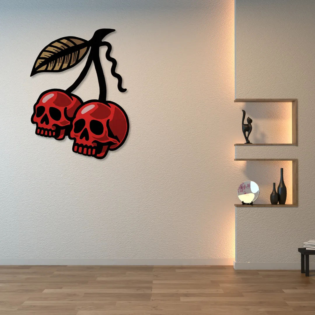 Skull Cherries Metal Art Unique cherry skull wall décor with metallic finish – artistic gothic-inspired wall art for contemporary interiors.