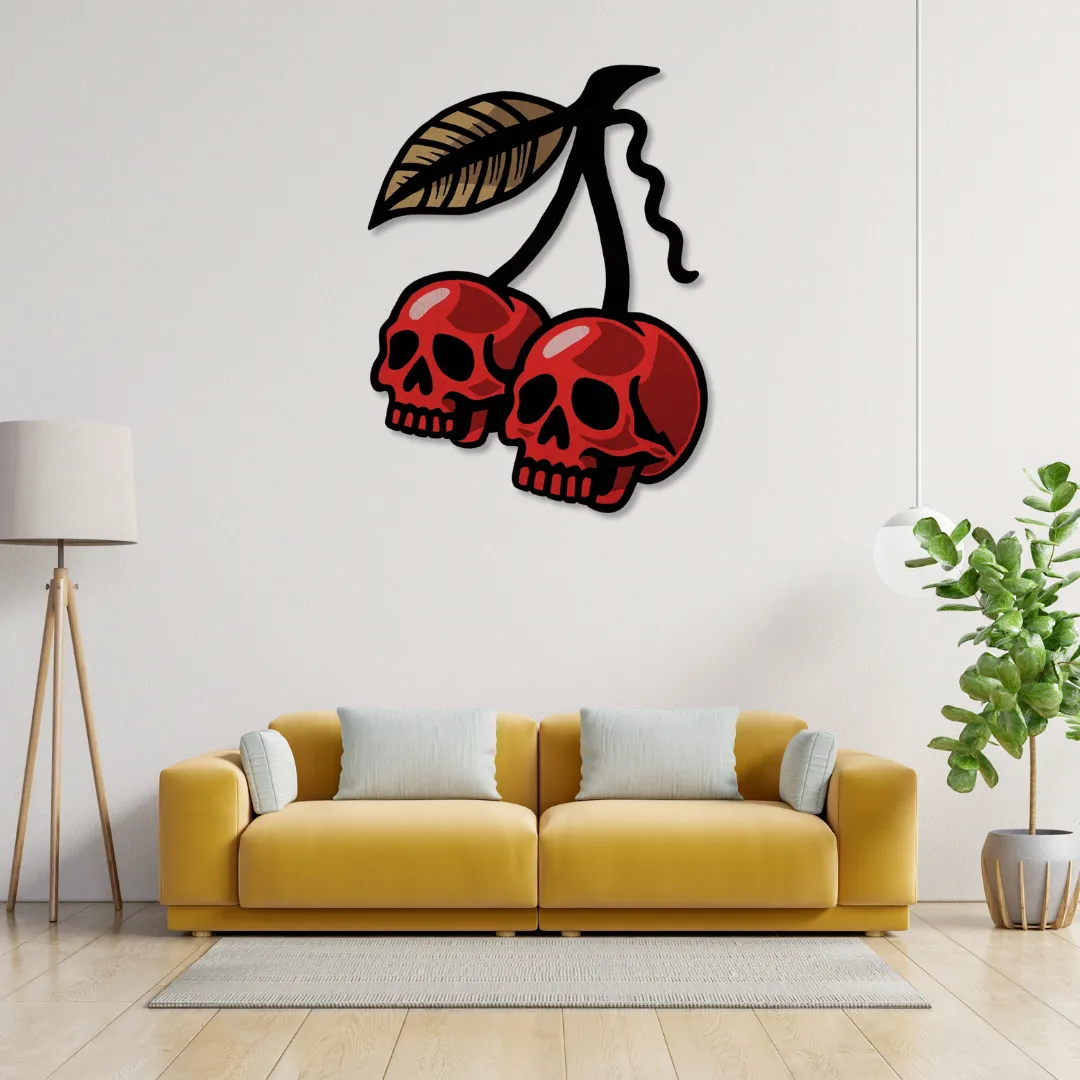 Skull Cherries Wall Art Skull Cherries Wall Art displayed above yellow sofa – edgy handcrafted metal wall decor by Sneagear.