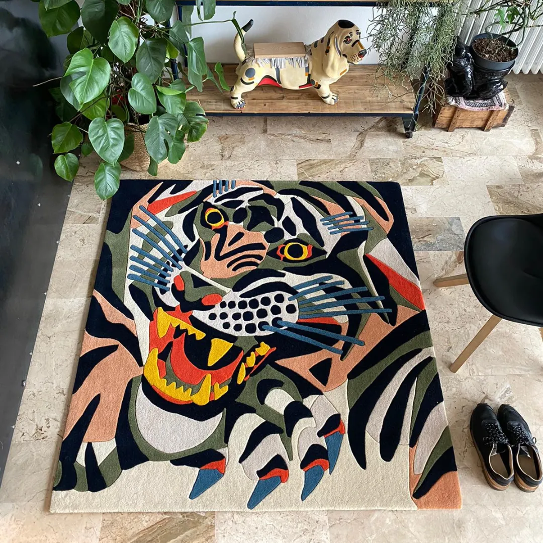 Stravon Rug Placed in Room Artistic Stravon Rug – Premium Wool Tiger Design in Green, Ivory, and Red