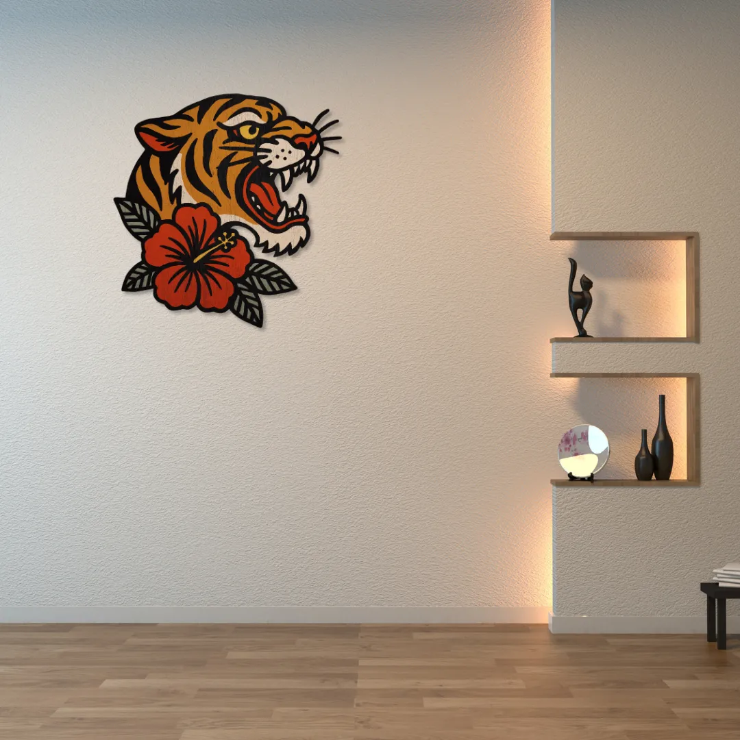 Tiger Hibiscus Metal Art Vibrant tiger head metal wall art with tropical flower design – statement piece for modern home interiors.
