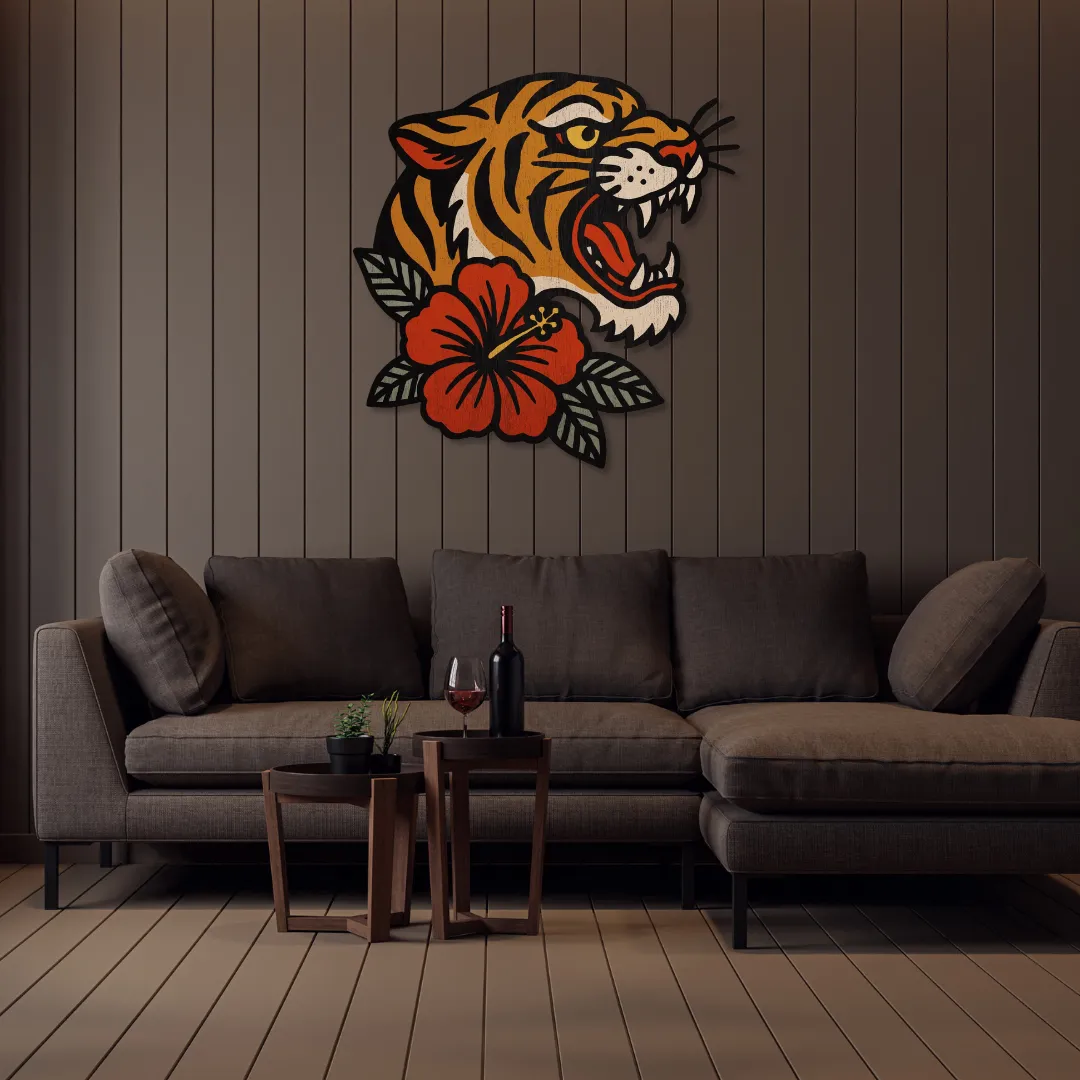 Tiger Hibiscus Metal Wall Art Roaring tiger and red hibiscus flower wall decor for living room – artistic handmade wall art from Sneagear.