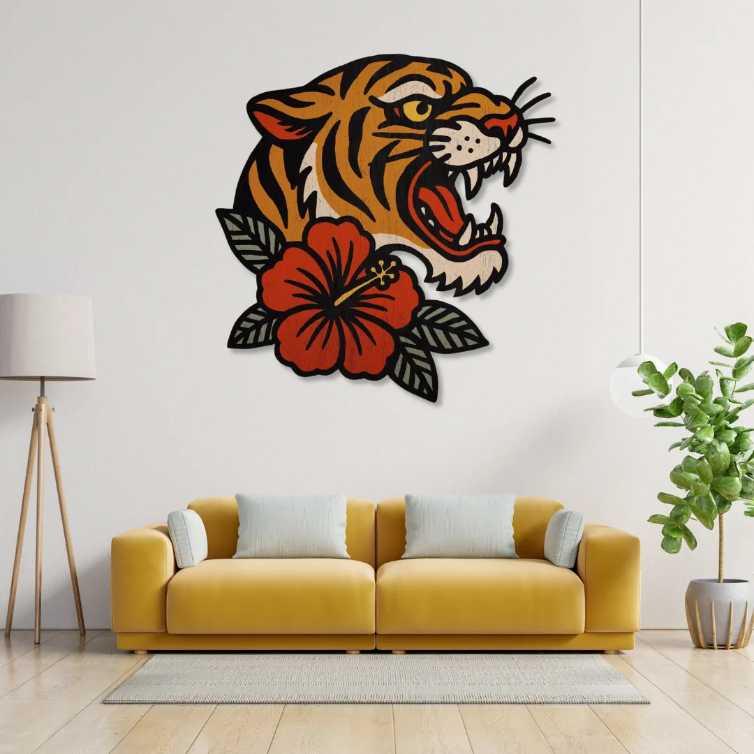 Tiger Hibiscus Wall Art Tiger Hibiscus Wall Art above mustard yellow sofa in modern living room – bold handcrafted metal art by Sneagear.
