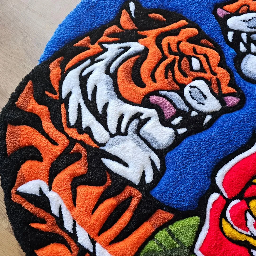 Twin Fury Inked Rug Vibrant Twin Fury Rug with twin tiger heads and floral motif on blue background – handmade wool rug