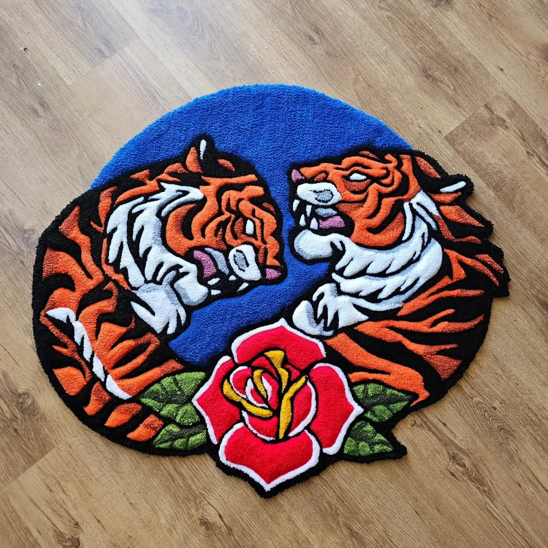 Twin Fury Rug Twin Fury Rug featuring two tigers facing each other with a red rose design – hand-tufted rug by Sneagear