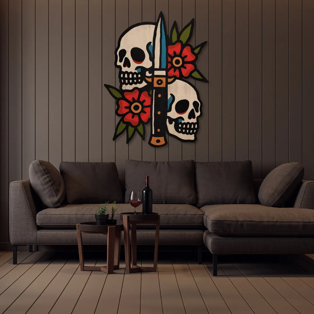 Twin Skulls Sword Metal Art Sneagear Twin Skulls Sword metal wall art – striking skull artwork for statement home and studio walls.