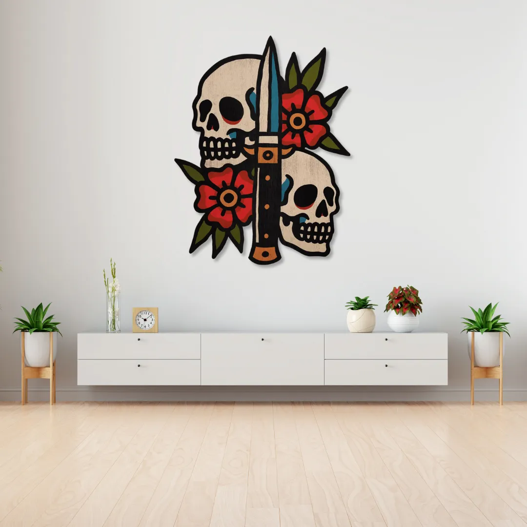 Twin Skulls Sword Metal Wall Art Dual skulls and knife metal wall art design adding dark artistic flair to minimalist living room décor.