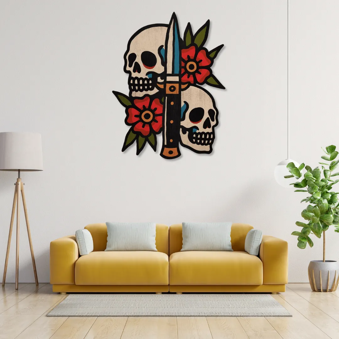 Twin Skulls Sword Wall Art Decorative skull and dagger wall art with red flowers – gothic-inspired handmade metal decor by Sneagear.