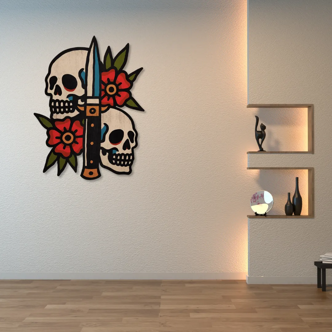 Twin Skulls Wall Art Twin Skulls Sword Wall Art above mustard sofa – bold handcrafted metal artwork by Sneagear for modern interiors.