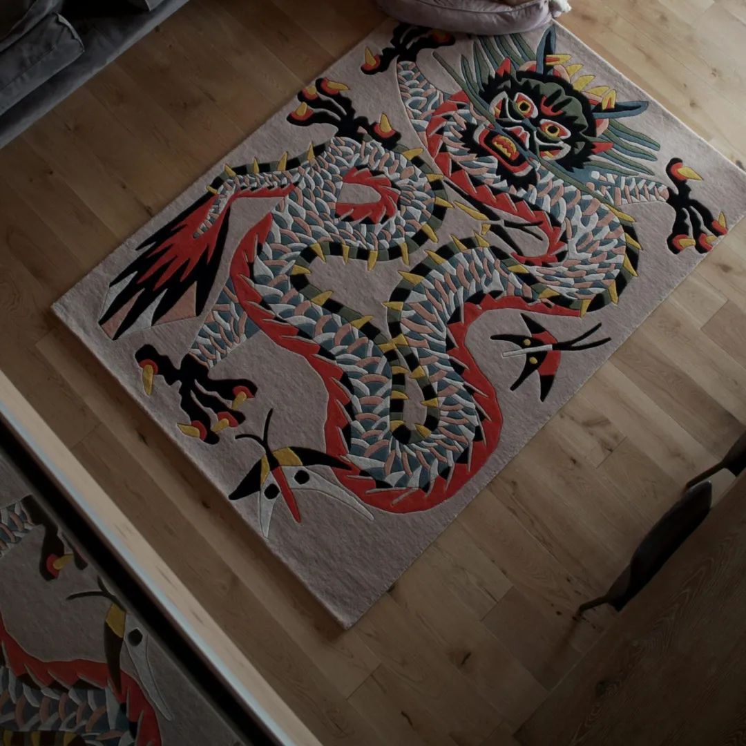 Volkara Tattoo Rug Luxury Dragon-Inspired Area Rug in Crimson, Gold, and Blue – Hand-Tufted Wool Artwork by Sneagear