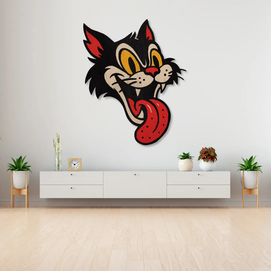 Wild Cat Metal Wall Art Playful wild cat face metal wall art with red tongue and bold expression – handmade art piece by Sneagear.