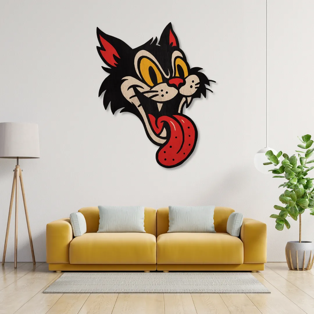 Wild Cat Wall Art Wild Cat Wall Art above mustard sofa – vibrant handcrafted metal wall décor by Sneagear for modern interiors.