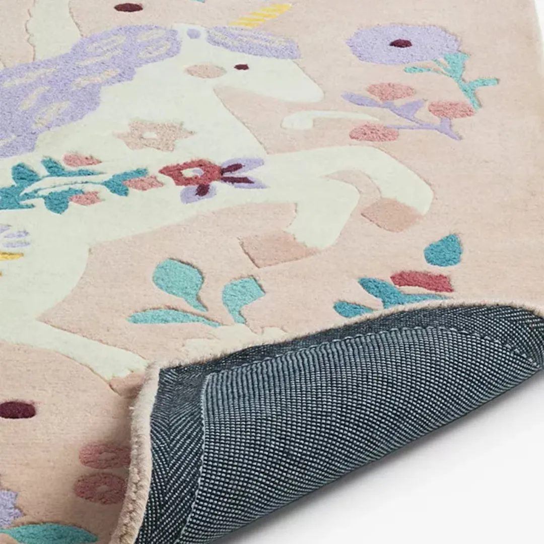Dreamy Rug Whimsical unicorn and floral design rug – Dreamy Unicorn handmade wool area rug
